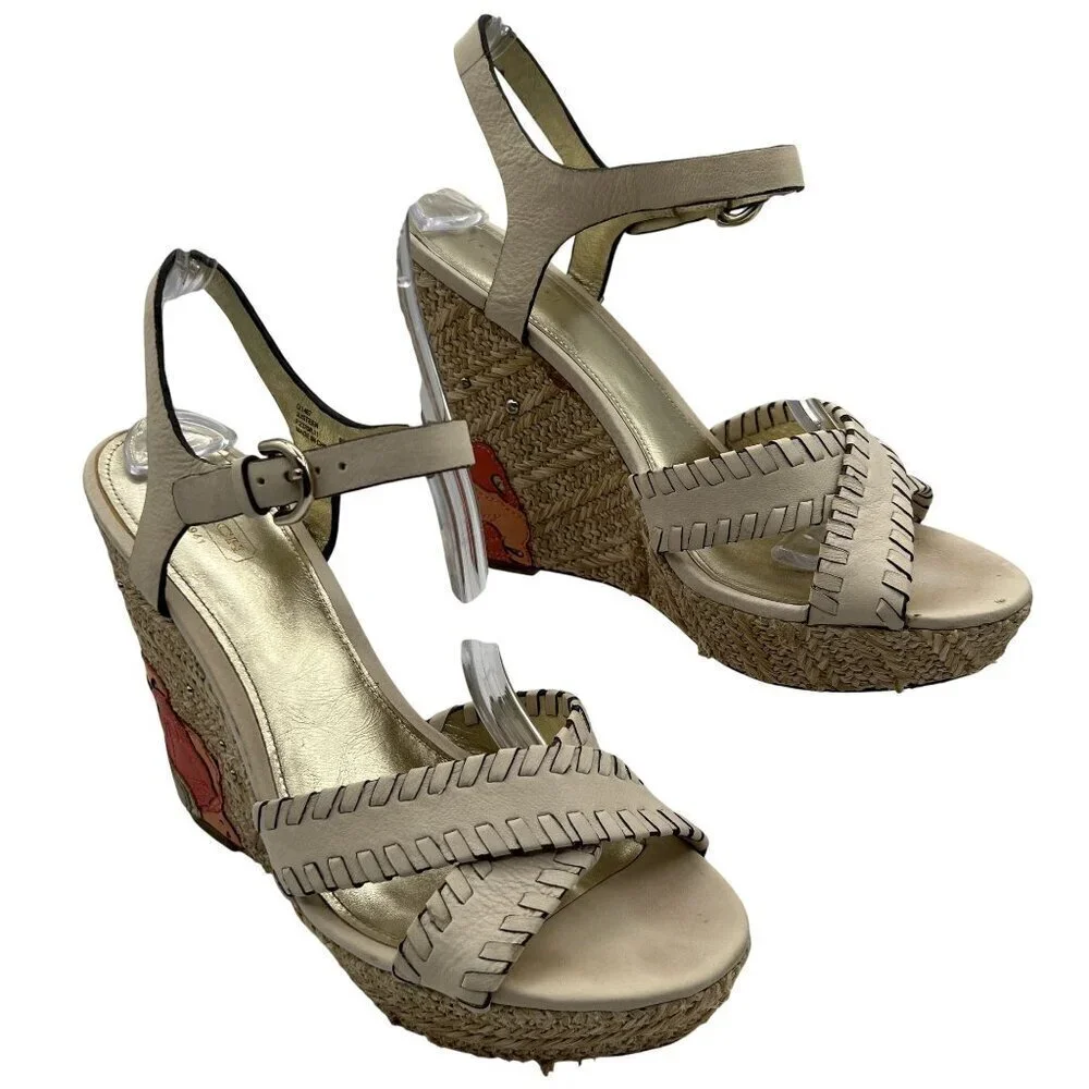 Coach Justeen 9.5 Butterfly Floral Design Woven Espadrille Wedge Leather Sandals